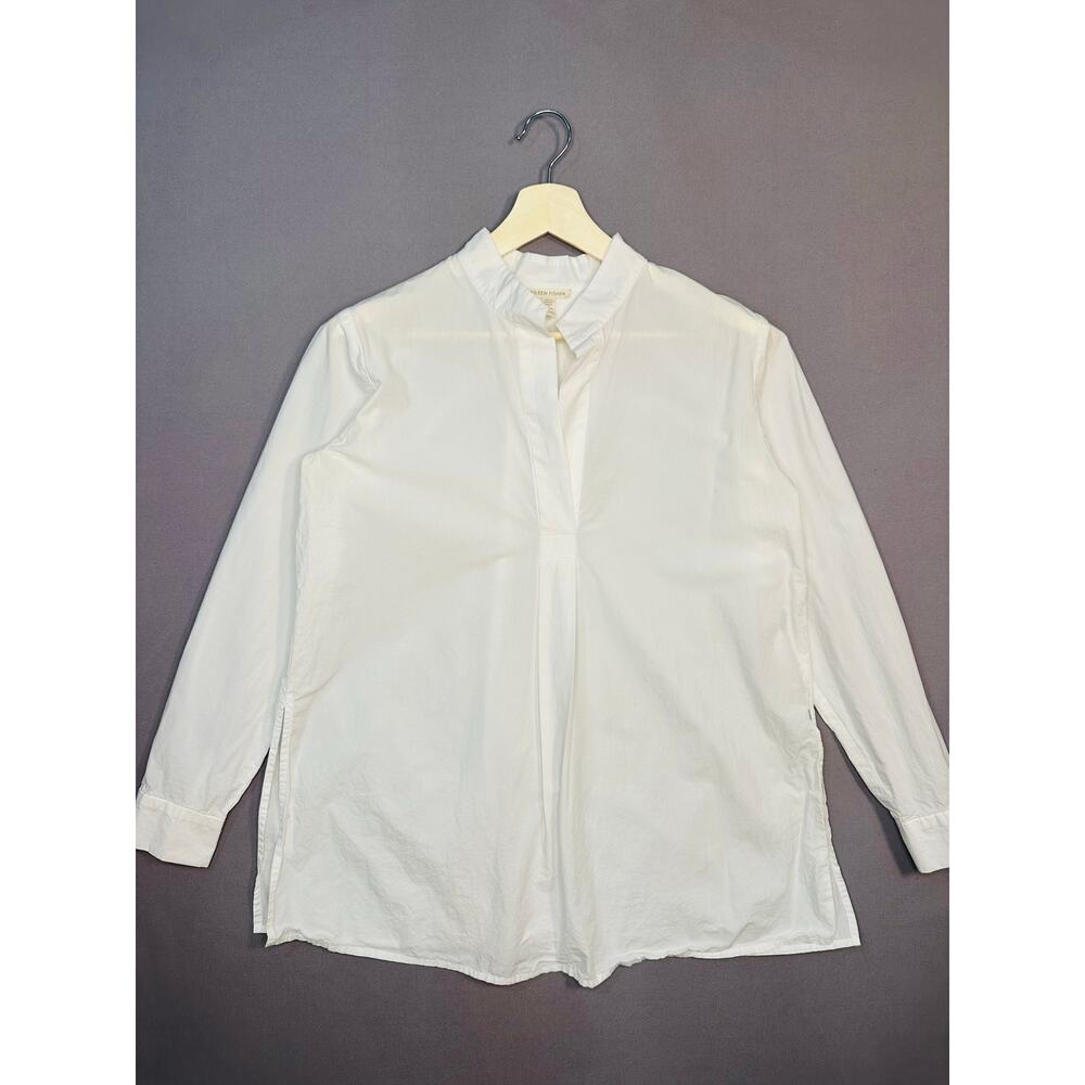 Eileen Fisher White Organic Cotton Tunic Top with Stand Up Collar Size XS